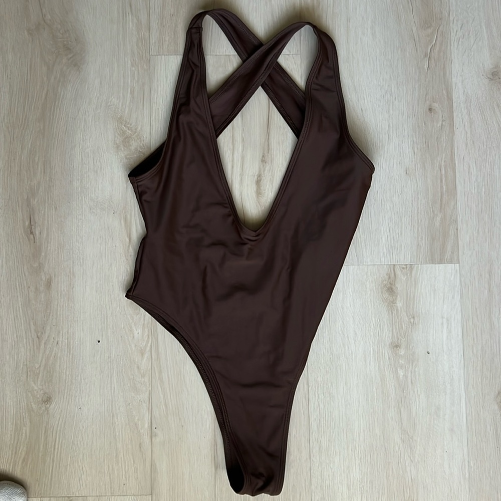 Brown high waisted one piece bathing suit